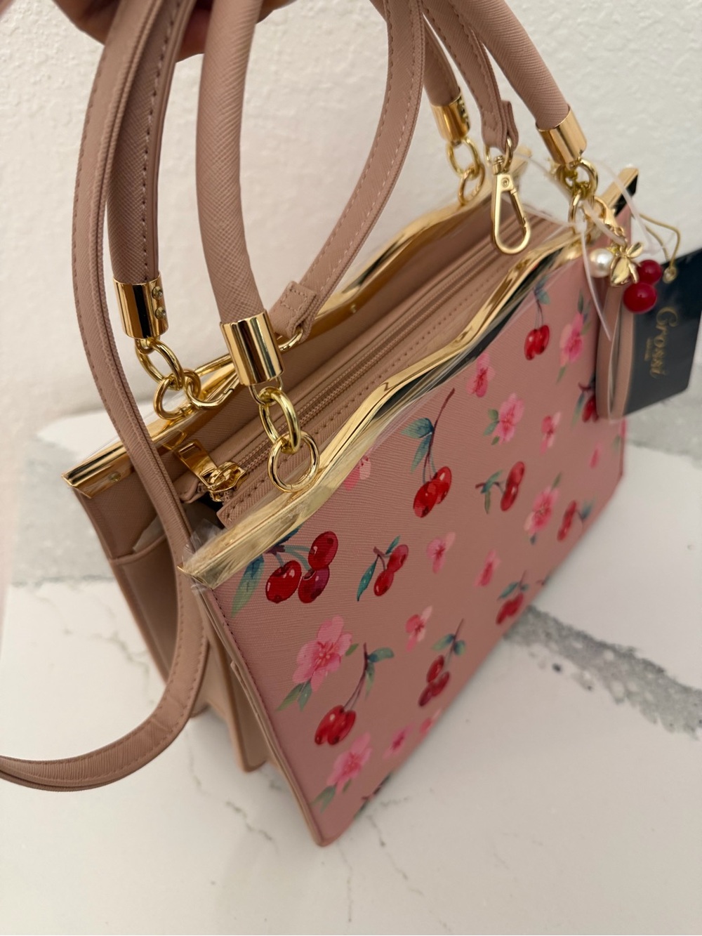Red Cherry Print Top-Handle Satchel With CrossBod Strap - Picture 4 of 6